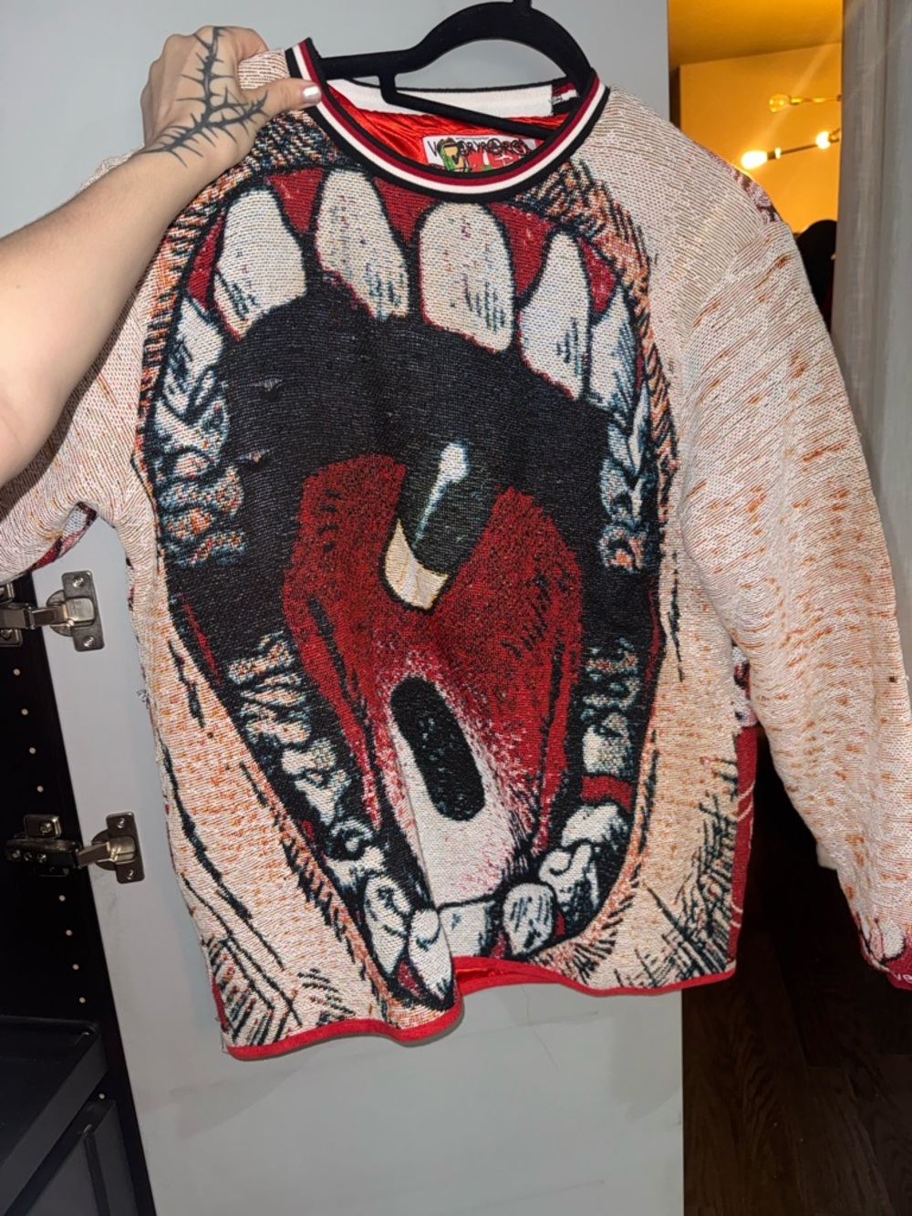 Graphic Open-Mouth Knit Sweater in Red and Cream